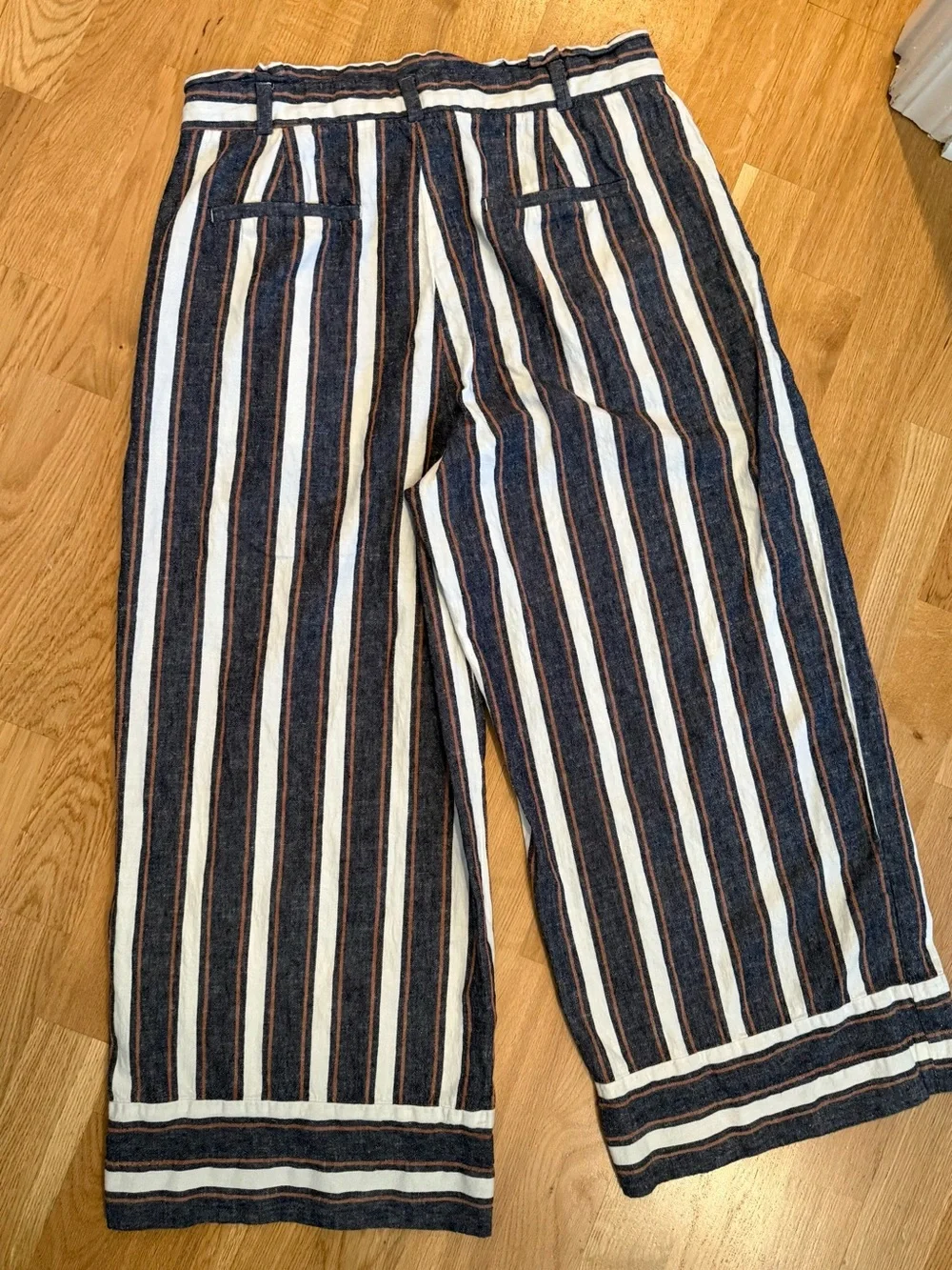 Striped High-Waist Linen Blend Pants in Navy, White & Rust